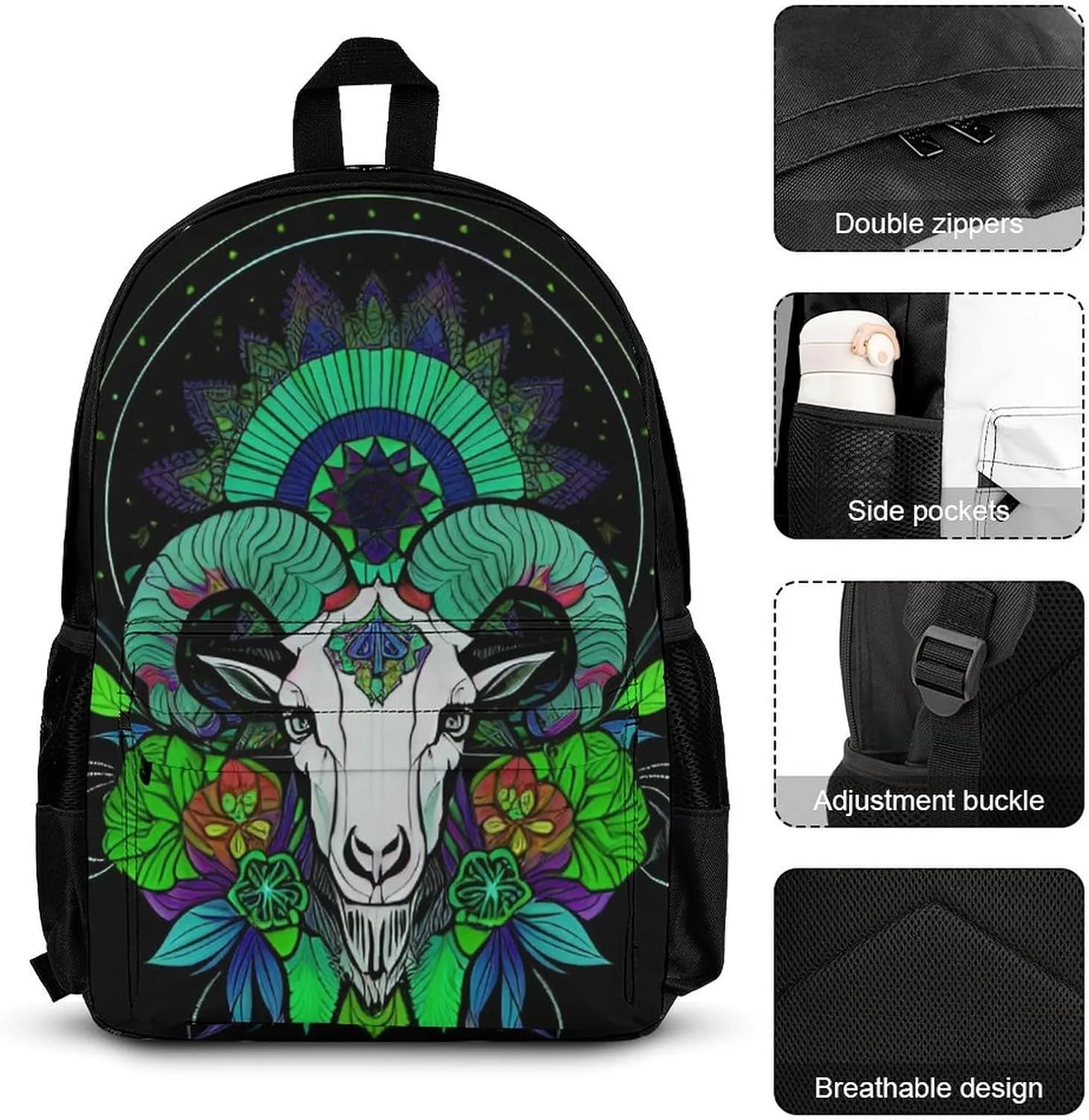 Supdreamc Adults Rucksacks Sets - Psychedelic Goat Skull Art Carry On Bag Shoulder Book Bags   Lunch Bag   Pencil Case Travel Rucksack, Gym Outdoor Bag Backpack