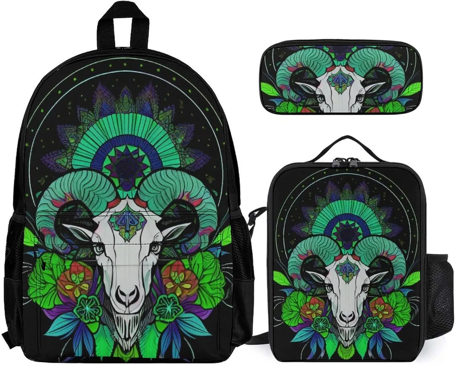 Supdreamc Adults Rucksacks Sets - Psychedelic Goat Skull Art Carry On Bag Shoulder Book Bags   Lunch Bag   Pencil Case Travel Rucksack, Gym Outdoor Bag Backpack