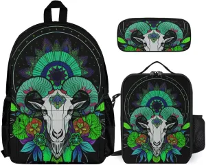 Supdreamc Adults Rucksacks Sets - Psychedelic Goat Skull Art Carry On Bag Shoulder Book Bags   Lunch Bag   Pencil Case Travel Rucksack, Gym Outdoor Bag Backpack