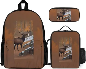 Supdreamc Shoulder Book Bags Sets, Rucksacks   Lunch Bag   Pencil Case for Camping Picnic Cycling, Elk Art Camping Outdoor Backpack for Men & Women