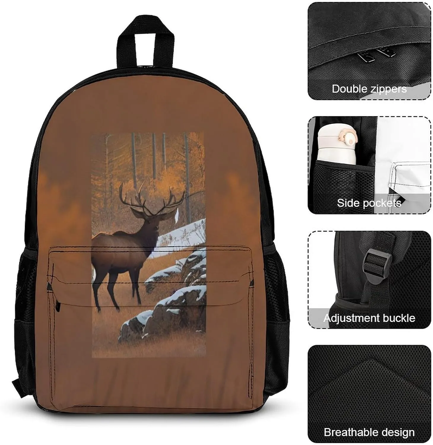 Supdreamc Shoulder Book Bags Sets, Rucksacks   Lunch Bag   Pencil Case for Camping Picnic Cycling, Elk Art Camping Outdoor Backpack for Men & Women