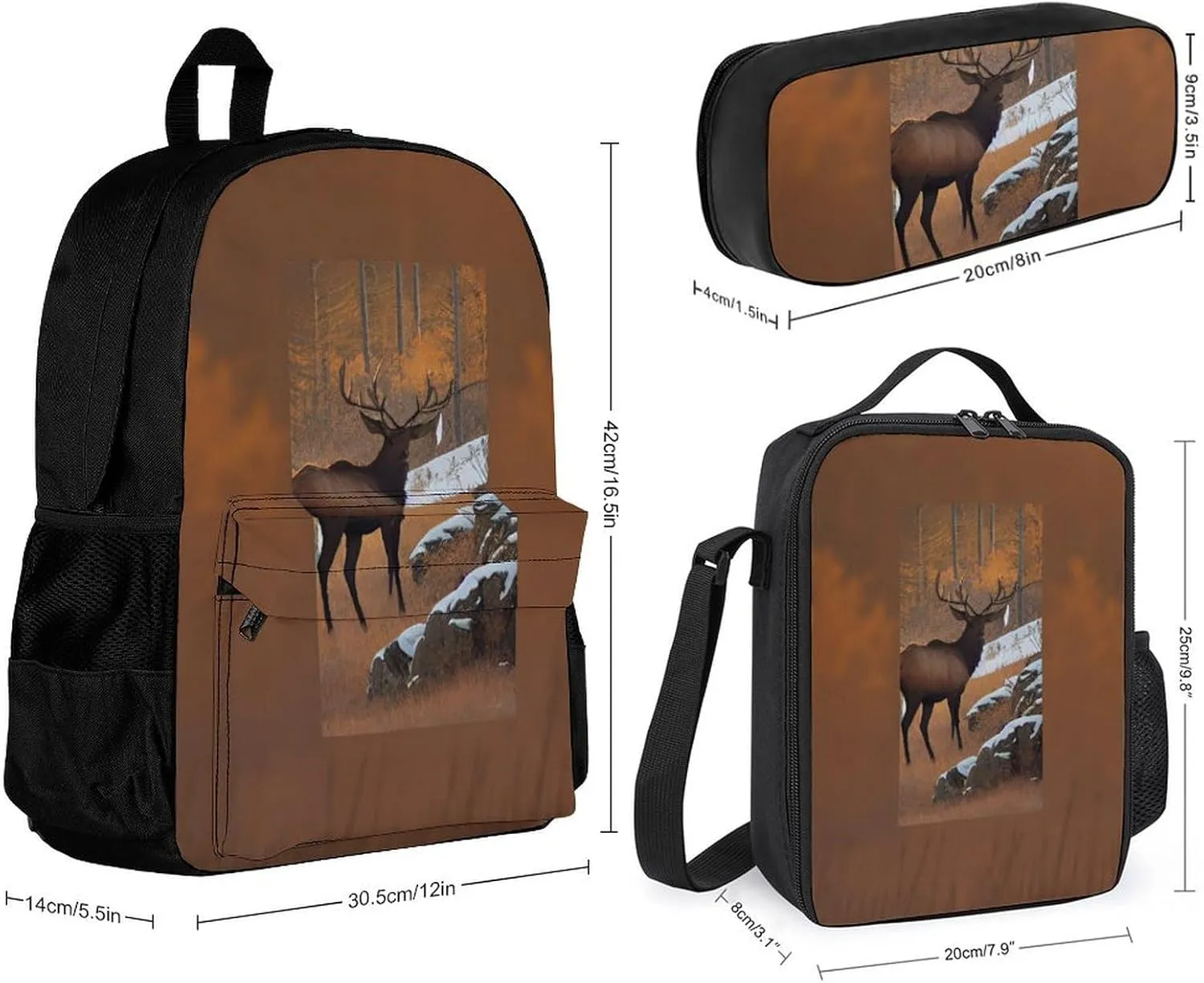 Supdreamc Shoulder Book Bags Sets, Rucksacks   Lunch Bag   Pencil Case for Camping Picnic Cycling, Elk Art Camping Outdoor Backpack for Men & Women