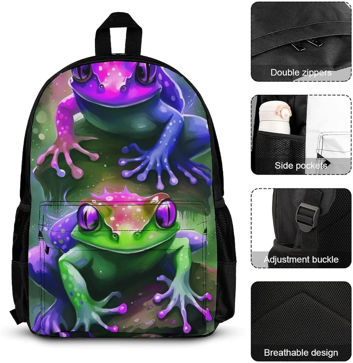 Supdreamc Shoulder Book Bags Sets, Rucksacks   Lunch Bag   Pencil Case for Travel Running, Watercolor Frogs Art Travel Hiking Bag & Day Pack, One Size