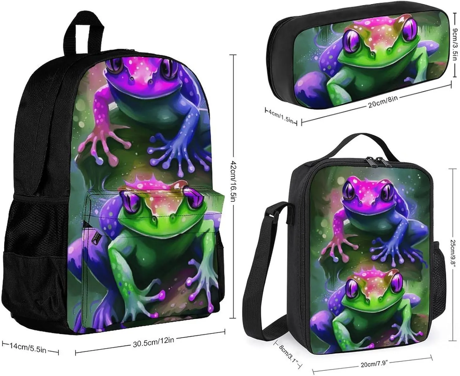 Supdreamc Shoulder Book Bags Sets, Rucksacks   Lunch Bag   Pencil Case for Travel Running, Watercolor Frogs Art Travel Hiking Bag & Day Pack, One Size