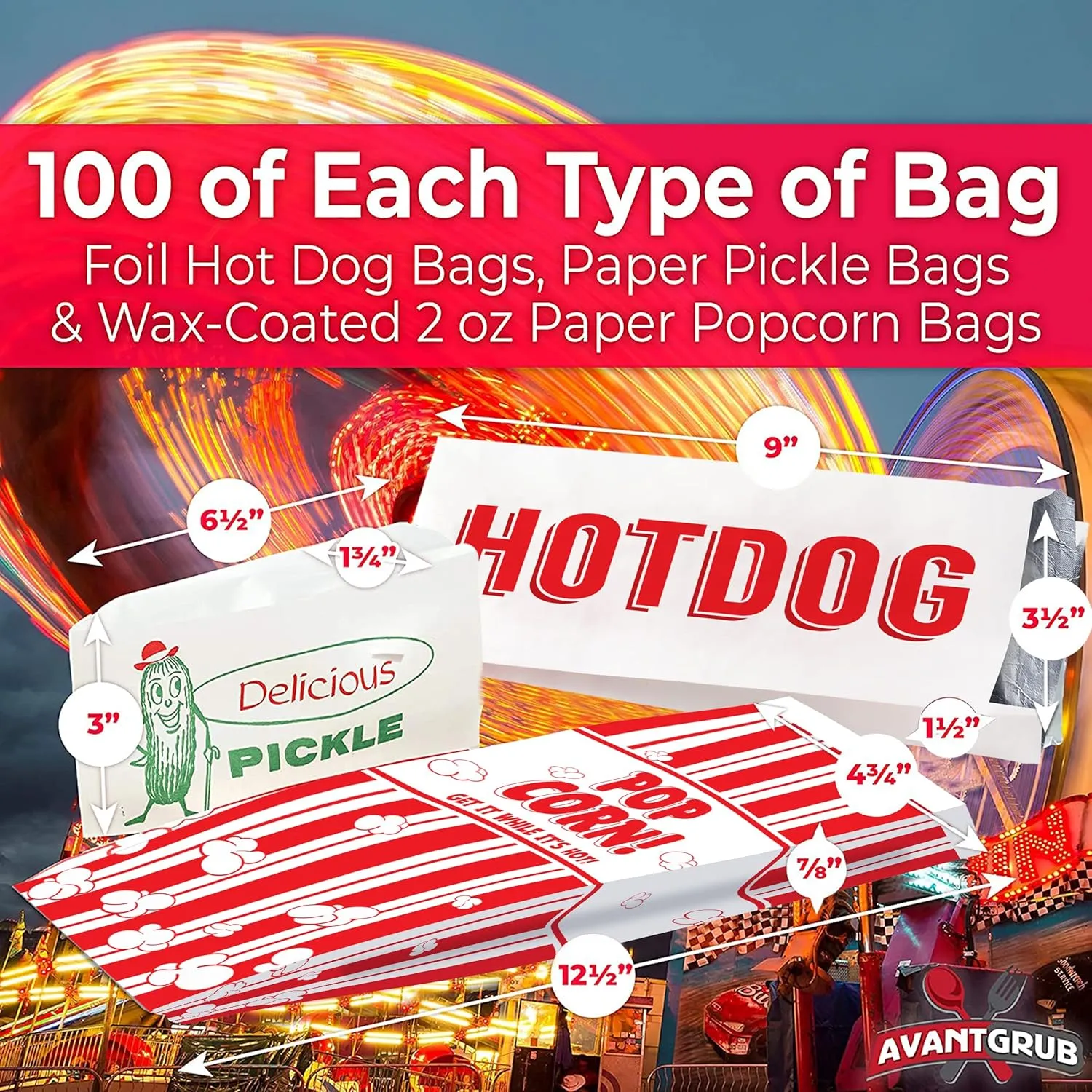 Super Fun, Grease-Proof Food Wrapper 300 Combo Pack. 100 Each Pickle, Hot Dog and Popcorn Durable Retro Bags. Snack Bag Trio for Party Favors or Treats. Great for Themed Parties, Carnival and Festival