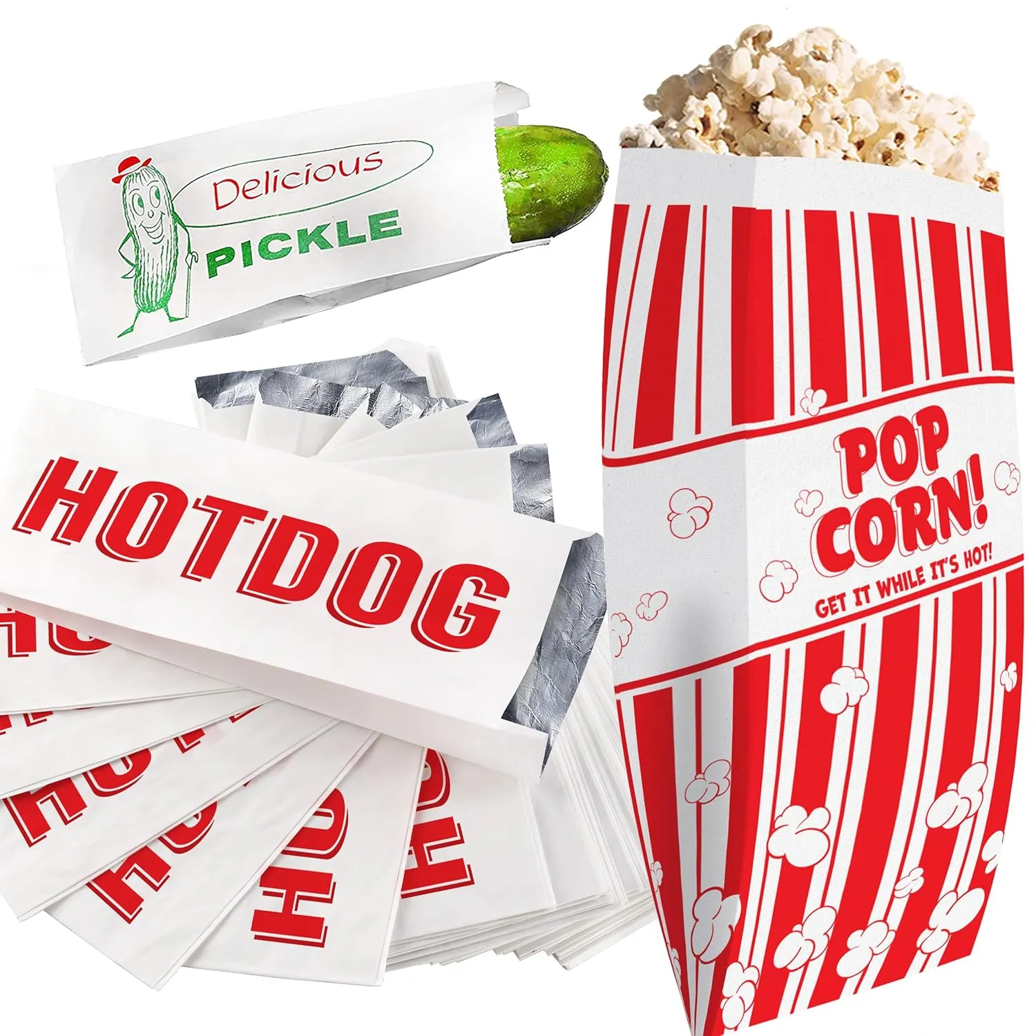Super Fun, Grease-Proof Food Wrapper 300 Combo Pack. 100 Each Pickle, Hot Dog and Popcorn Durable Retro Bags. Snack Bag Trio for Party Favors or Treats. Great for Themed Parties, Carnival and Festival