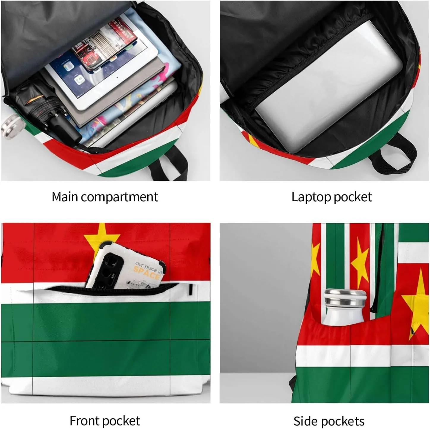 Suriname Surinamese Flag Casual Backpack Large Capacity Travel Backpacks Laptop Daypack Commuter Rucksack Adjustable Strap Sports Bags for Hiking Biking