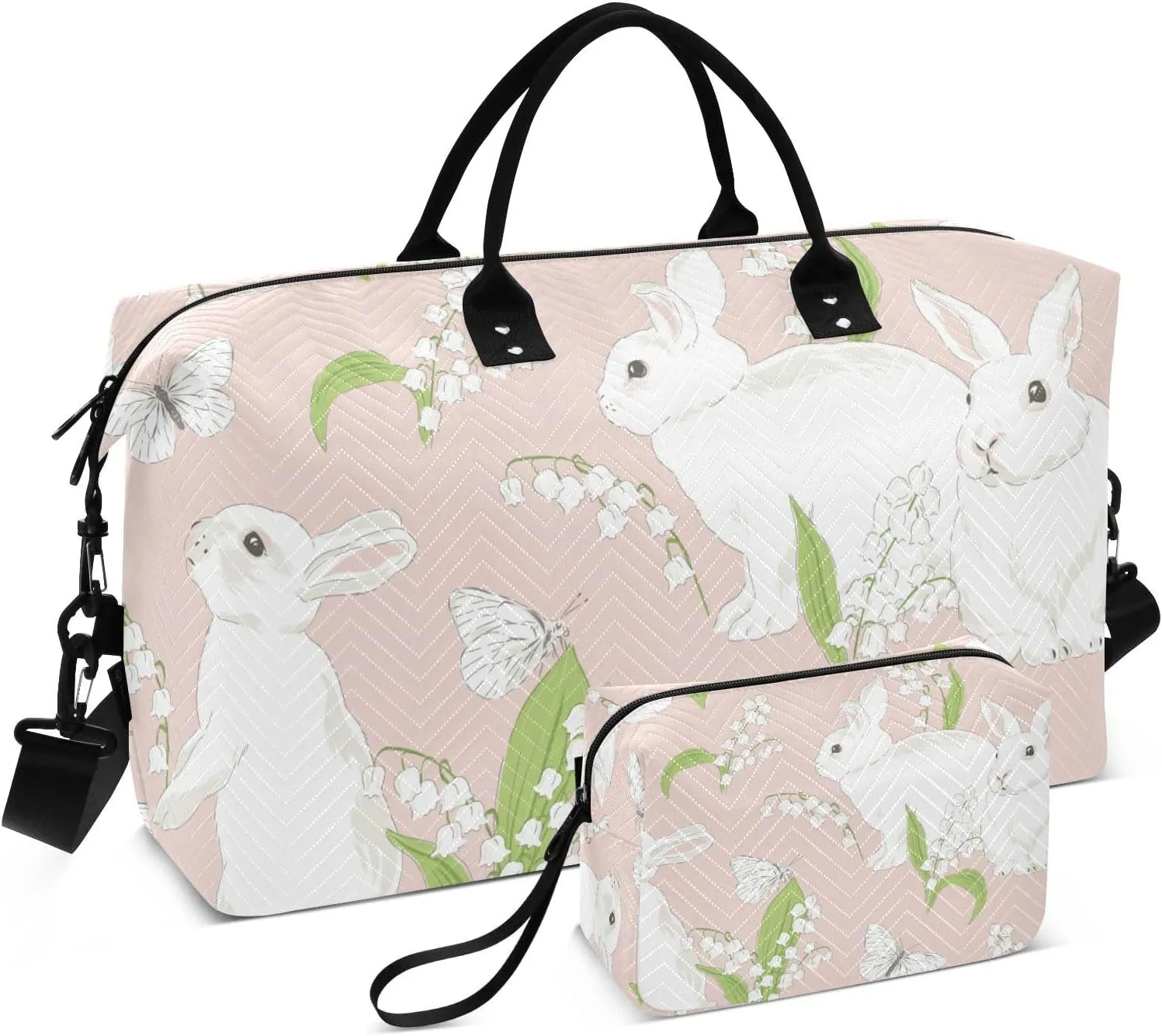 susiyo Travel Duffel Bag Easter Bunny and Lilies Of The Valley Florals Quilted Gym Bag Weekender Overnight Bags with Small Makeup Pouch