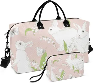 susiyo Travel Duffel Bag Easter Bunny and Lilies Of The Valley Florals Quilted Gym Bag Weekender Overnight Bags with Small Makeup Pouch