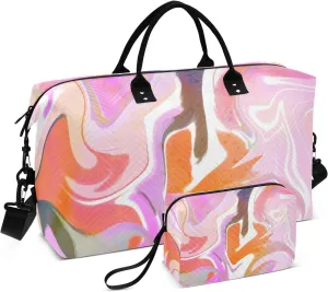 susiyo Travel Duffel Bags Abstract Pink Orange Liquid Wavy Marble Quilted Gym Bag Weekender Overnight Bags with Small Makeup Pouch