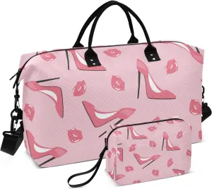 susiyo Travel Duffel Bags Elegant Pink Shoes and Lips Quilted Gym Bag Weekender Overnight Bags with Small Makeup Pouch