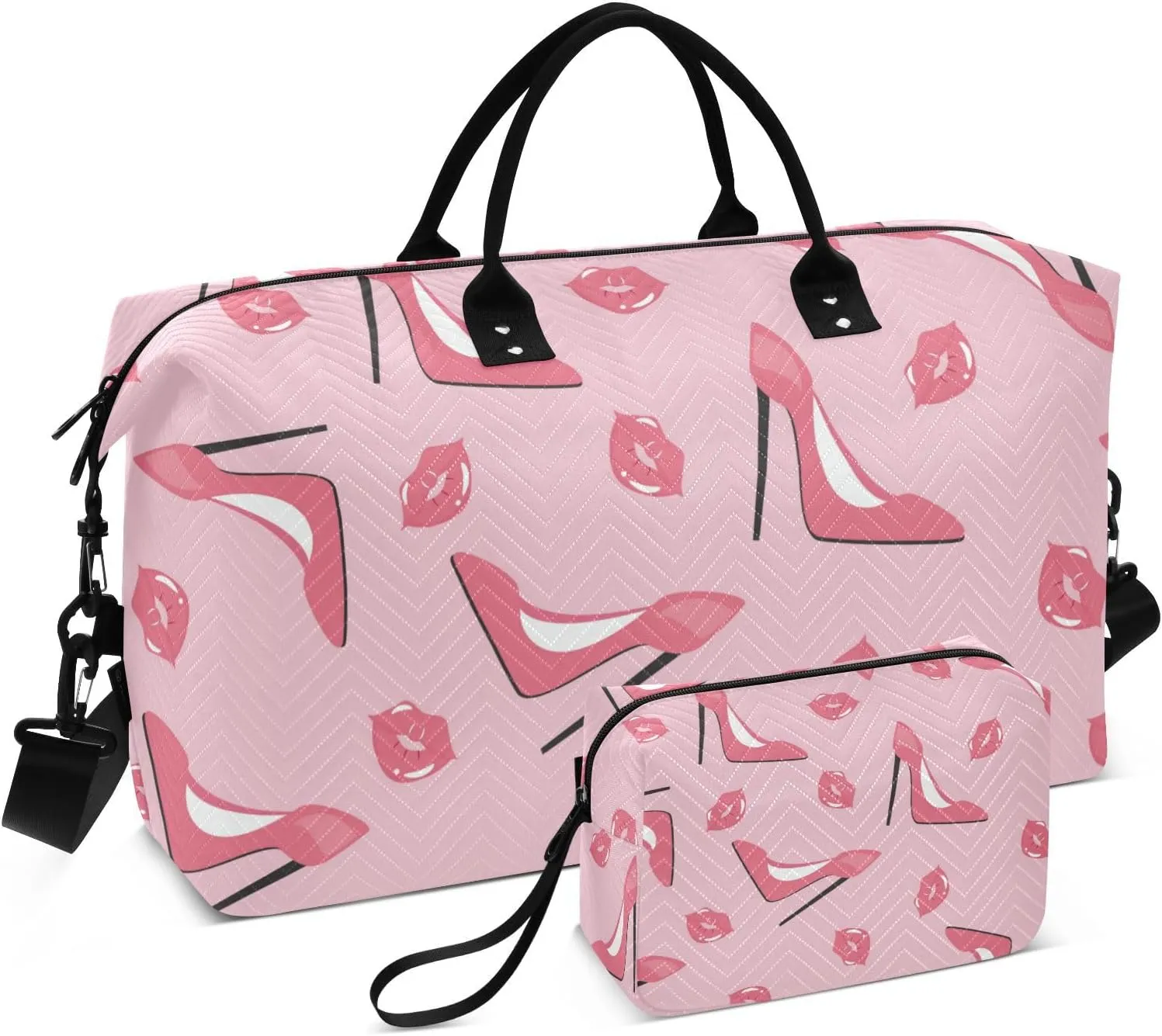 susiyo Travel Duffel Bags Elegant Pink Shoes and Lips Quilted Gym Bag Weekender Overnight Bags with Small Makeup Pouch