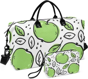 susiyo Travel Duffel Bags Green Color Apples Fruits Quilted Gym Bag Weekender Overnight Bags with Small Makeup Pouch