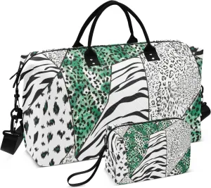 susiyo Travel Duffel Bags Patchwork Zebra Striped Leopard Print Quilted Gym Bag Weekender Overnight Bags with Small Makeup Pouch