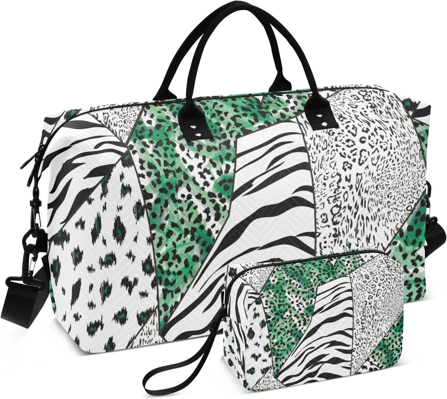 susiyo Travel Duffel Bags Patchwork Zebra Striped Leopard Print Quilted Gym Bag Weekender Overnight Bags with Small Makeup Pouch