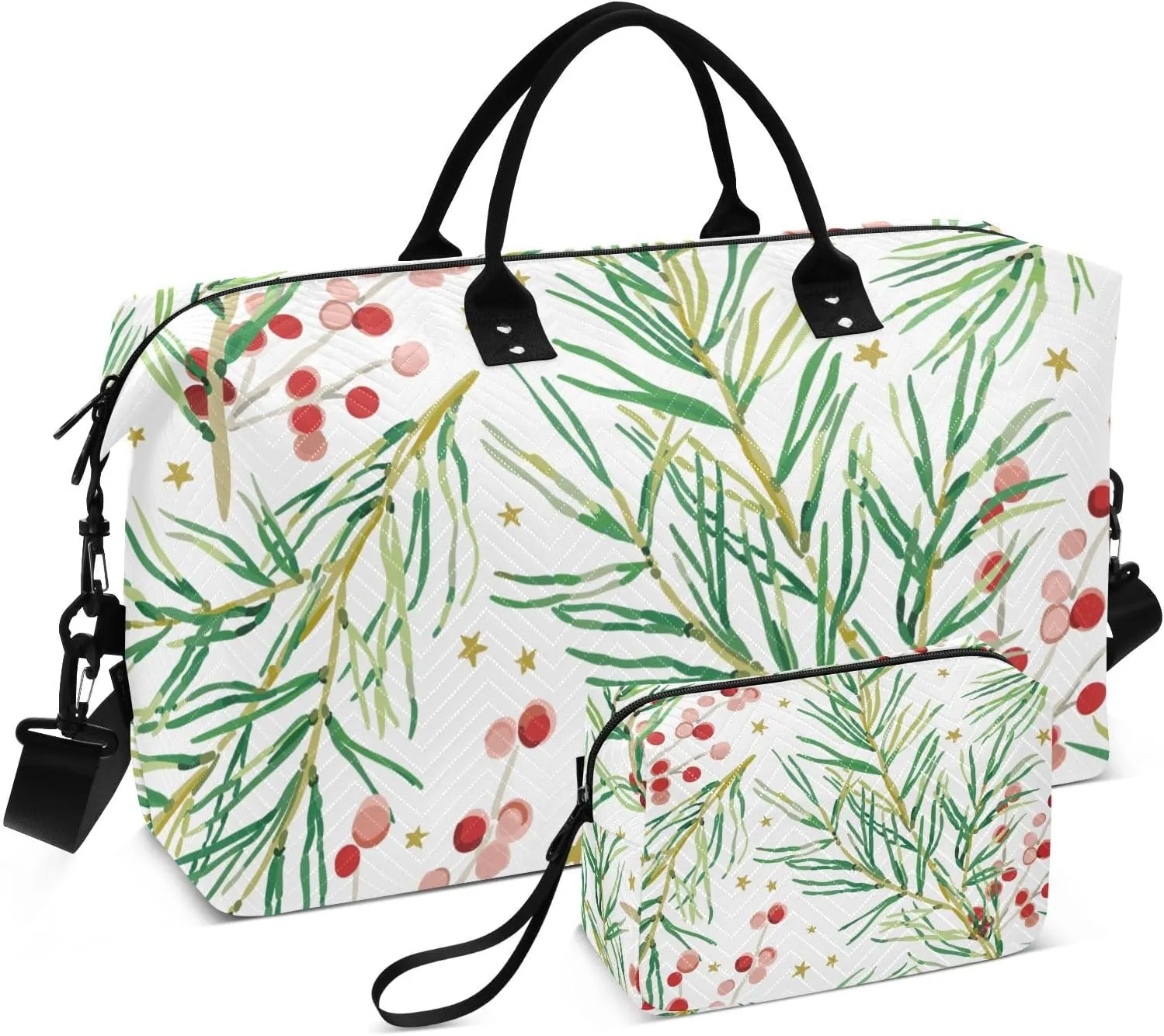 susiyo Travel Duffel Bags Winter Christmas Pine Twigs Quilted Gym Bag Weekender Overnight Bags with Small Makeup Pouch