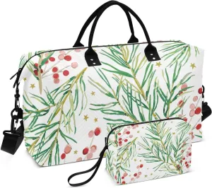 susiyo Travel Duffel Bags Winter Christmas Pine Twigs Quilted Gym Bag Weekender Overnight Bags with Small Makeup Pouch