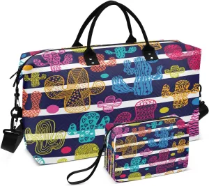 susiyo Сute Cacti and Stripes Expandable Travel Duffle Bag, Large Weekender Overnight Bags and Adjustable Strap, Carry On Shoulder Tote Bag, Gym Duffel Bag with Toiletry Bags for Hospital