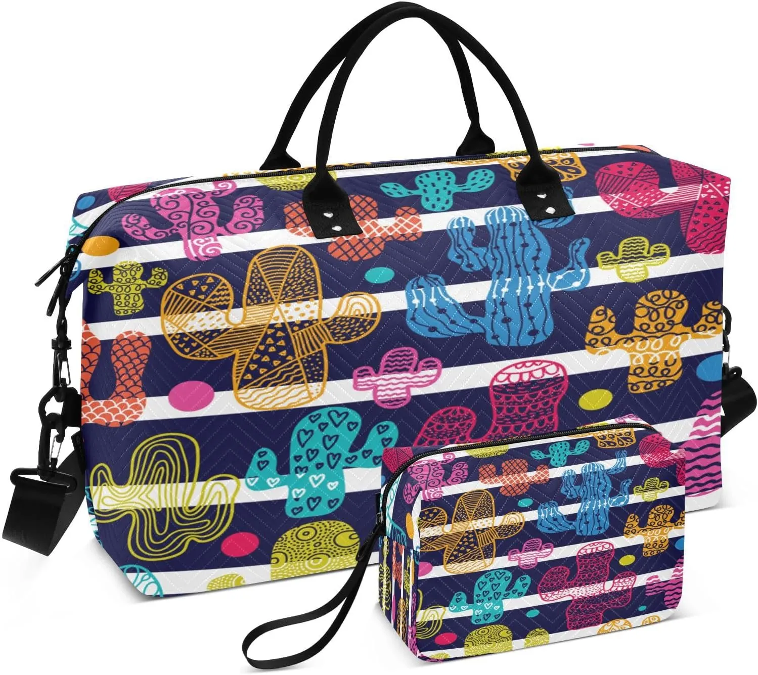 susiyo Сute Cacti and Stripes Expandable Travel Duffle Bag, Large Weekender Overnight Bags and Adjustable Strap, Carry On Shoulder Tote Bag, Gym Duffel Bag with Toiletry Bags for Hospital