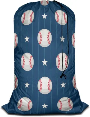 Swono Baseball Sports Patterns Heavy Duty Large Laundry Bag 28 x 40 Inch Ball on Vertical Striped Stars XL Drawstring Organizer Bag Fit Hamper Basket Tear Resistant Big Storage, 4 Loads of Clothes