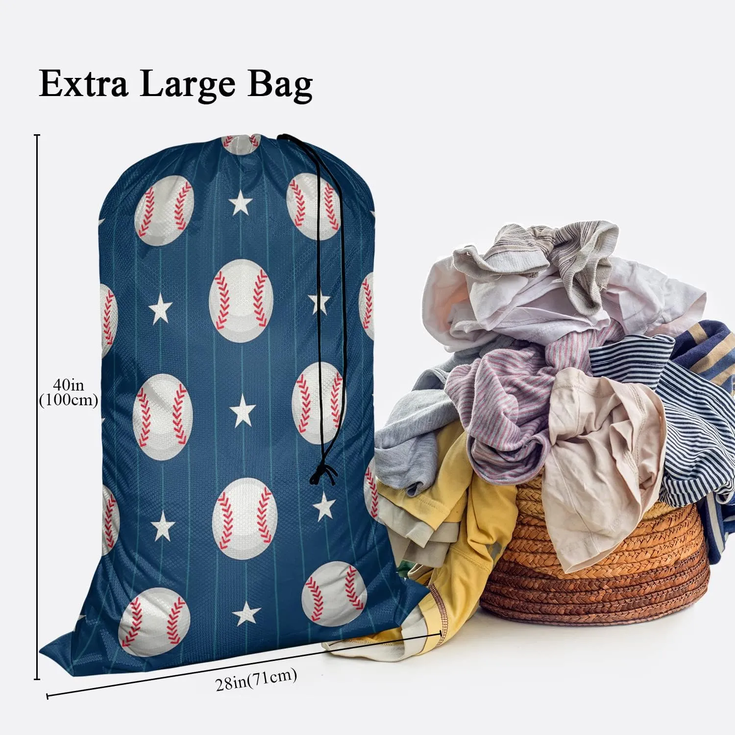 Swono Baseball Sports Patterns Heavy Duty Large Laundry Bag 28 x 40 Inch Ball on Vertical Striped Stars XL Drawstring Organizer Bag Fit Hamper Basket Tear Resistant Big Storage, 4 Loads of Clothes