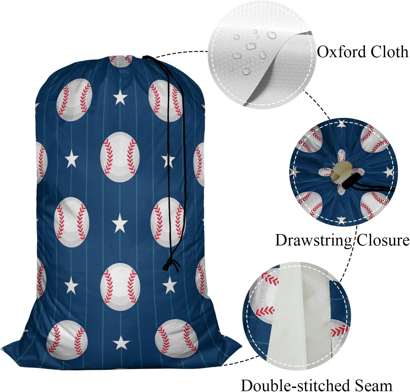 Swono Baseball Sports Patterns Heavy Duty Large Laundry Bag 28 x 40 Inch Ball on Vertical Striped Stars XL Drawstring Organizer Bag Fit Hamper Basket Tear Resistant Big Storage, 4 Loads of Clothes