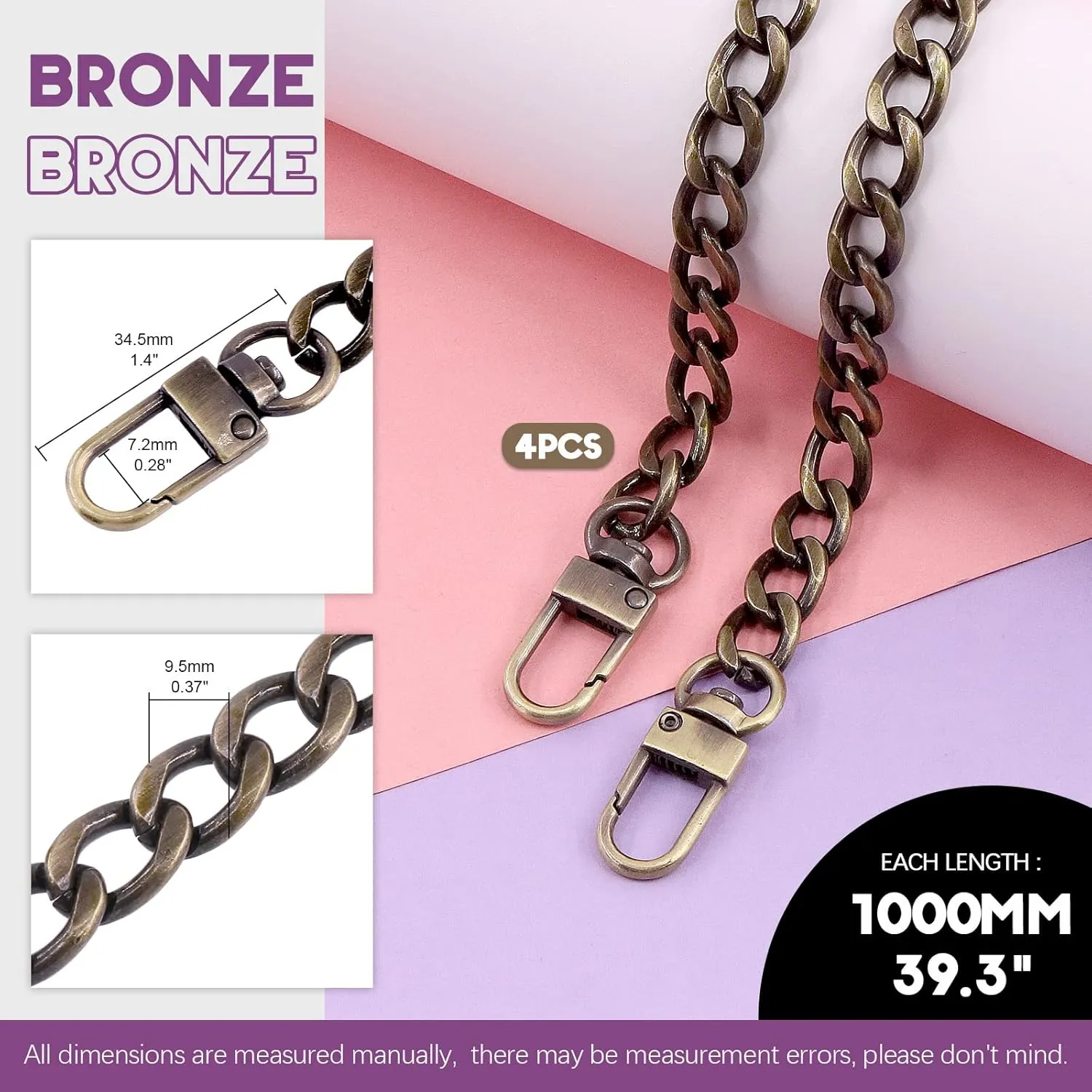 Swpeet 4Pcs Bronze Luxury Fashion 39.4 Inch Replacement Flat Chain Strap with Buckles Set, 0.4” Wide Enough 2.4mm Extra for Metal Shoulder Cross Bag Purse Replacement (Bronze, 39.4 Inch)