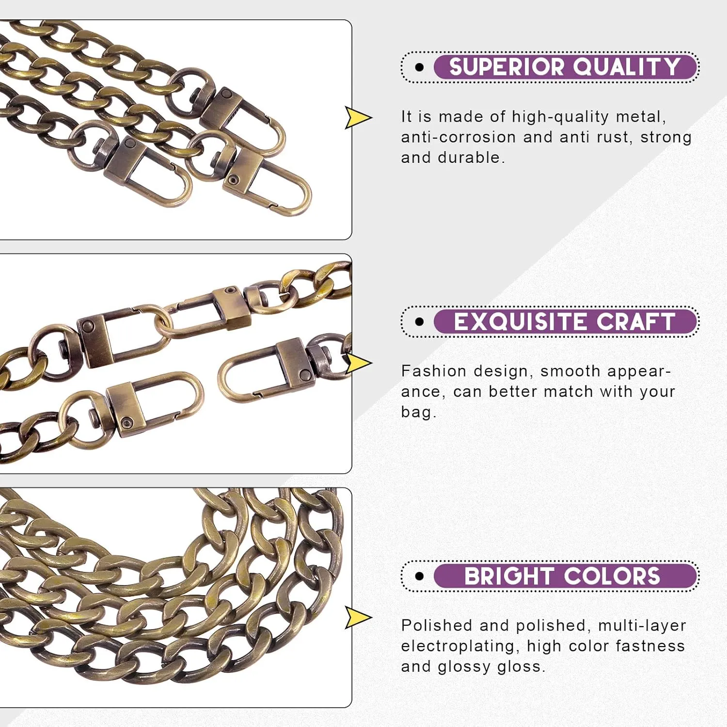 Swpeet 4Pcs Bronze Luxury Fashion 39.4 Inch Replacement Flat Chain Strap with Buckles Set, 0.4” Wide Enough 2.4mm Extra for Metal Shoulder Cross Bag Purse Replacement (Bronze, 39.4 Inch)