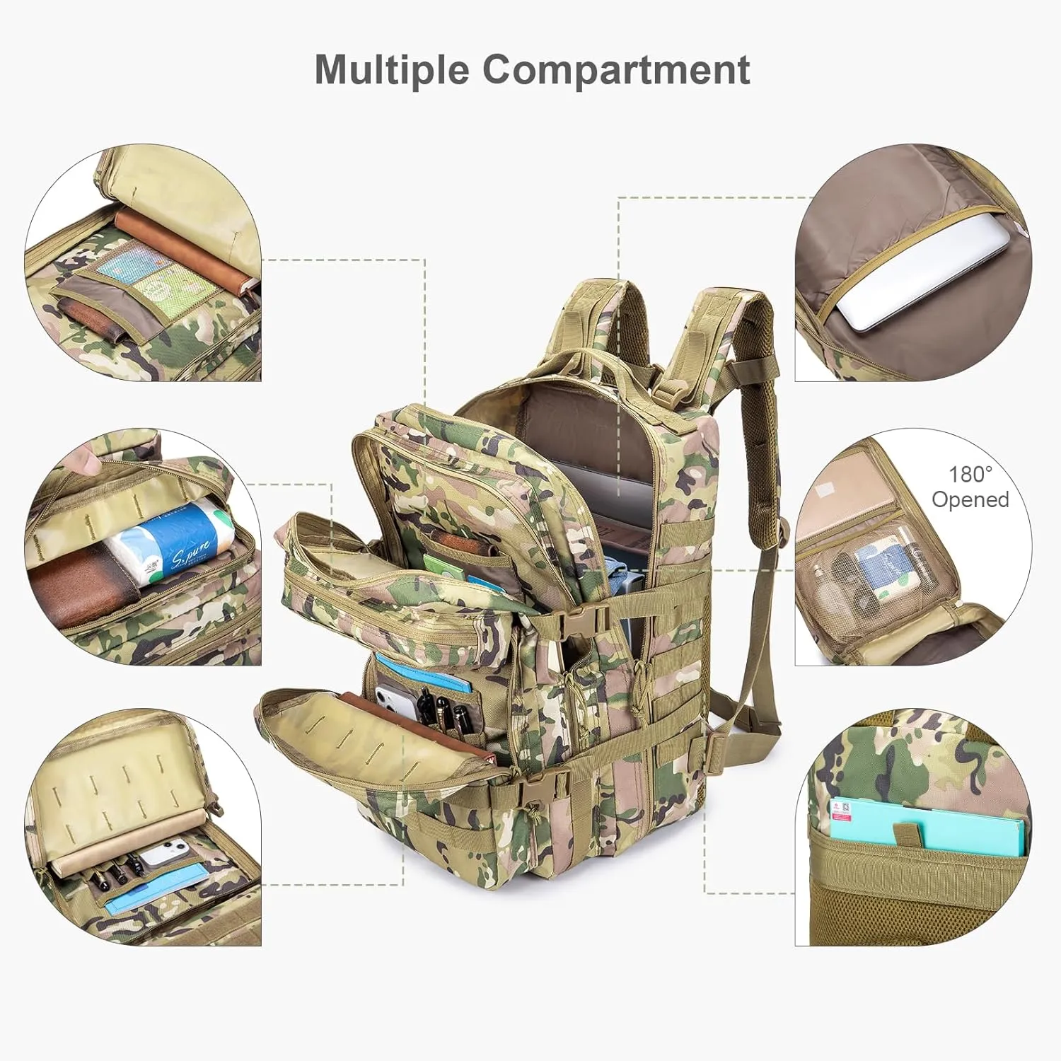 Tactical Military Backpack for Man, 50L Waterproof Army Pack Rucksack Hiking Laptop Backpack 3 Day Bug Out Bag, Includes Two Flags and Two Carabiner Camouflage