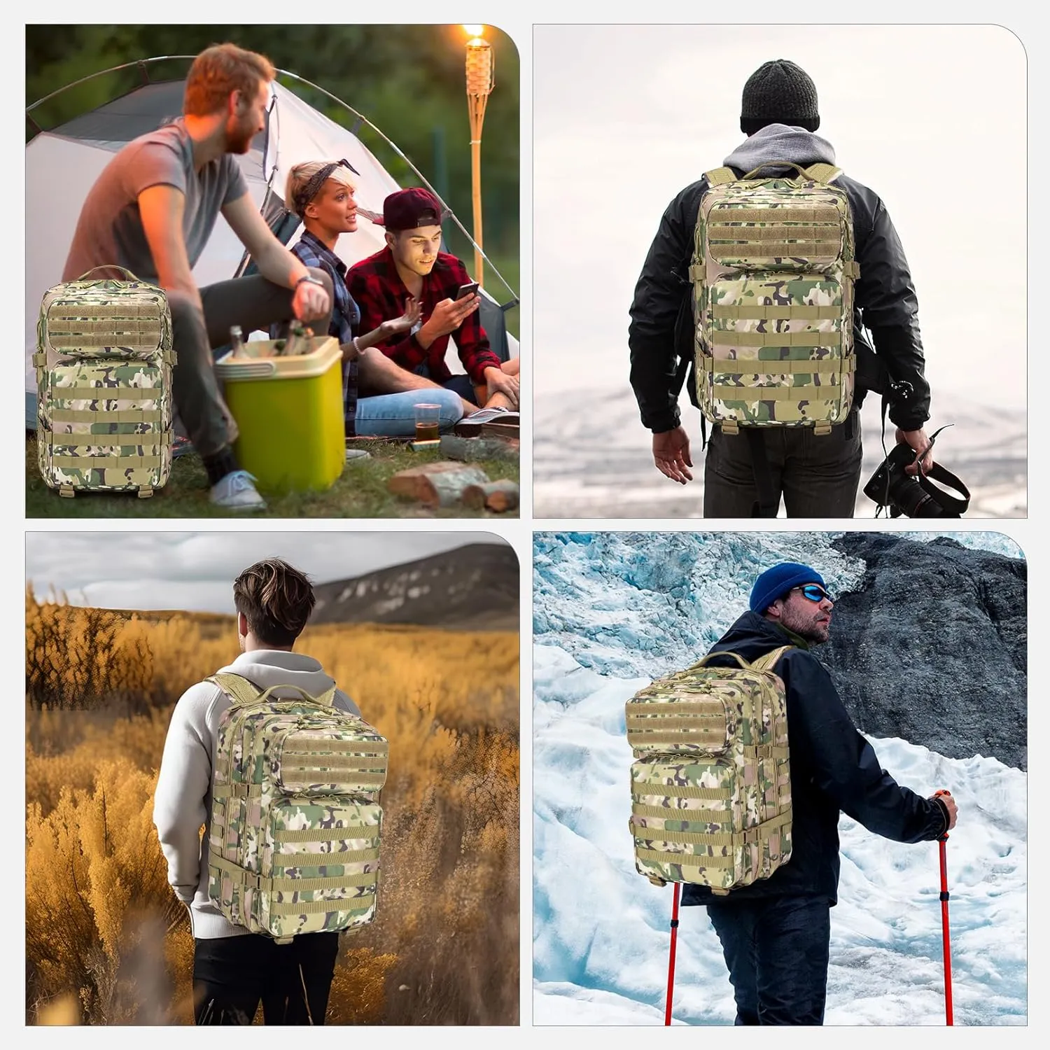 Tactical Military Backpack for Man, 50L Waterproof Army Pack Rucksack Hiking Laptop Backpack 3 Day Bug Out Bag, Includes Two Flags and Two Carabiner Camouflage