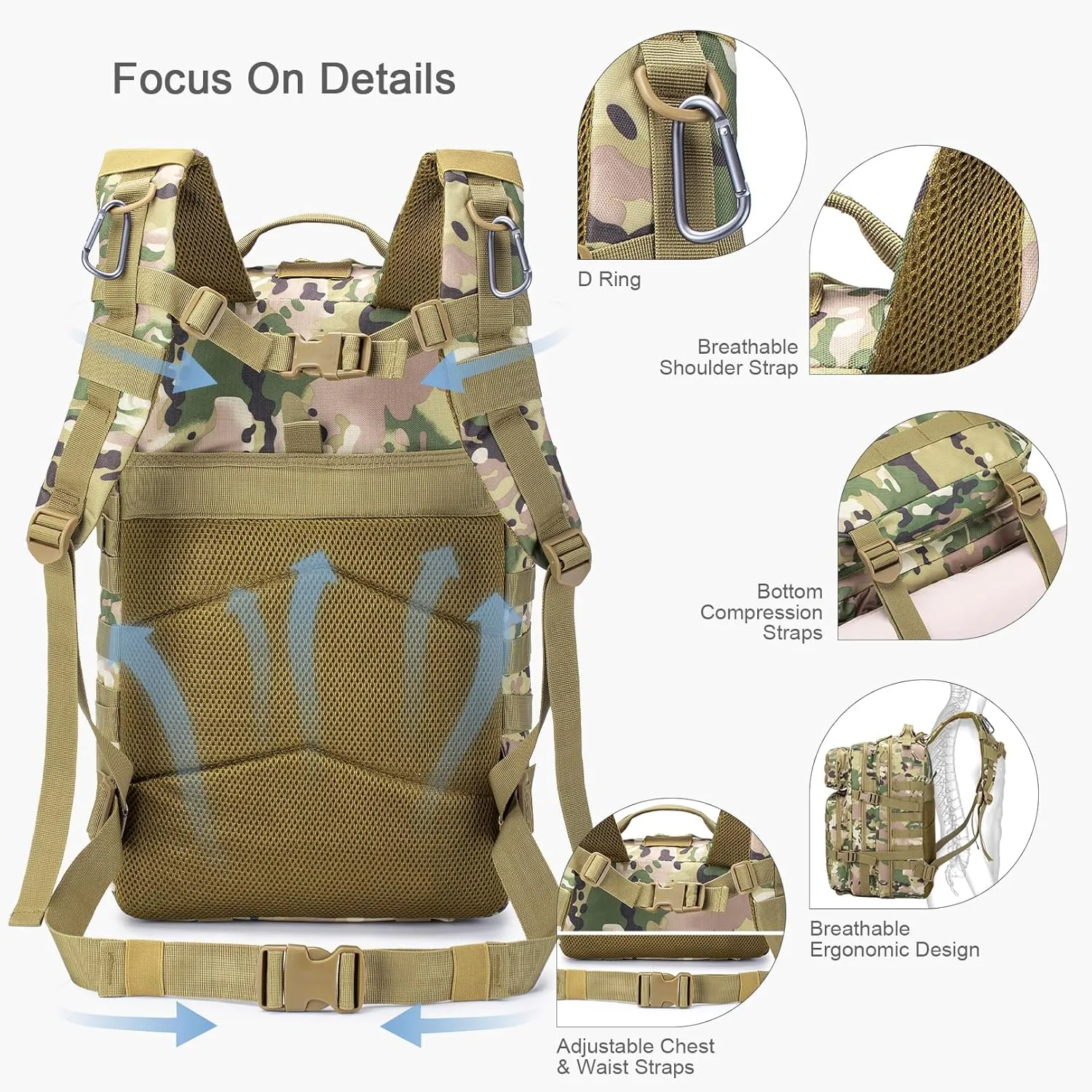 Tactical Military Backpack for Man, 50L Waterproof Army Pack Rucksack Hiking Laptop Backpack 3 Day Bug Out Bag, Includes Two Flags and Two Carabiner Camouflage