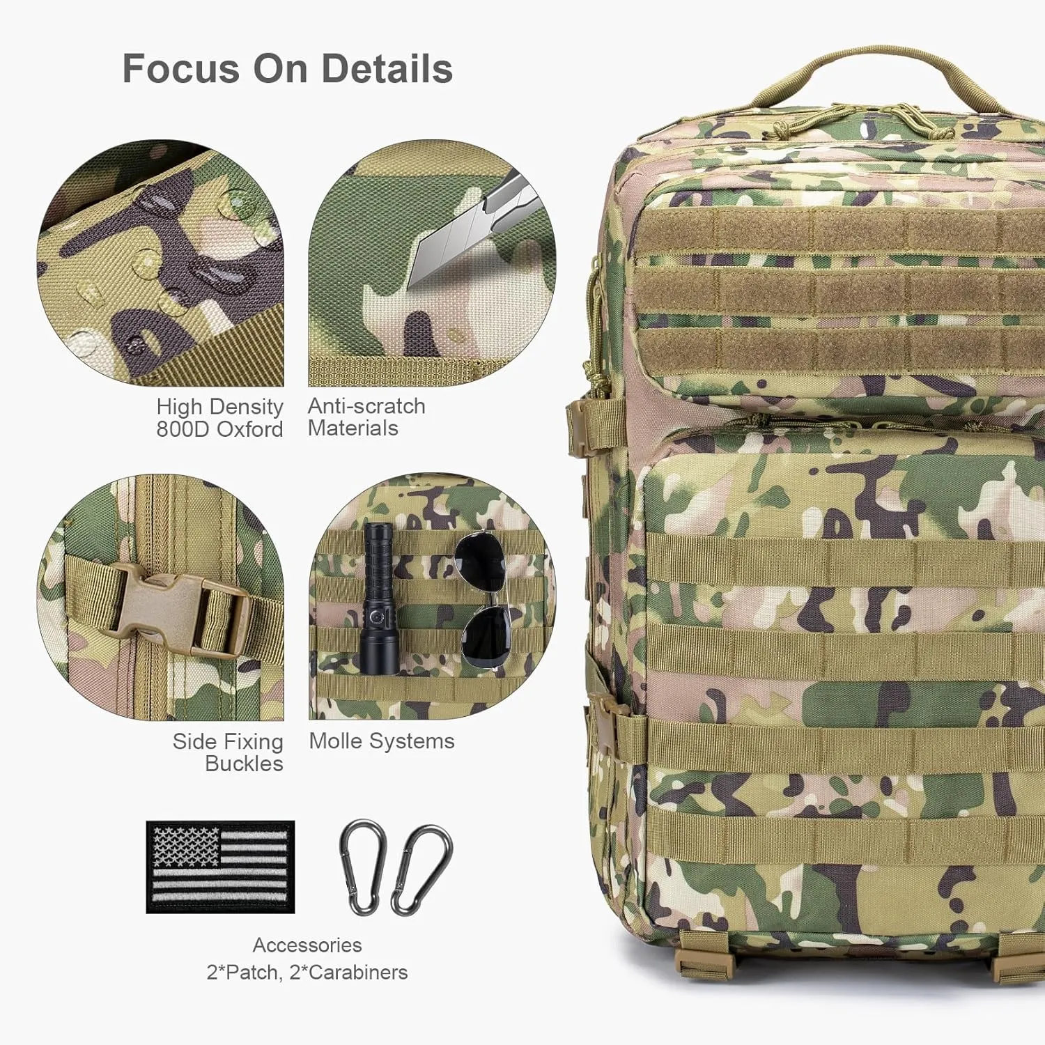 Tactical Military Backpack for Man, 50L Waterproof Army Pack Rucksack Hiking Laptop Backpack 3 Day Bug Out Bag, Includes Two Flags and Two Carabiner Camouflage