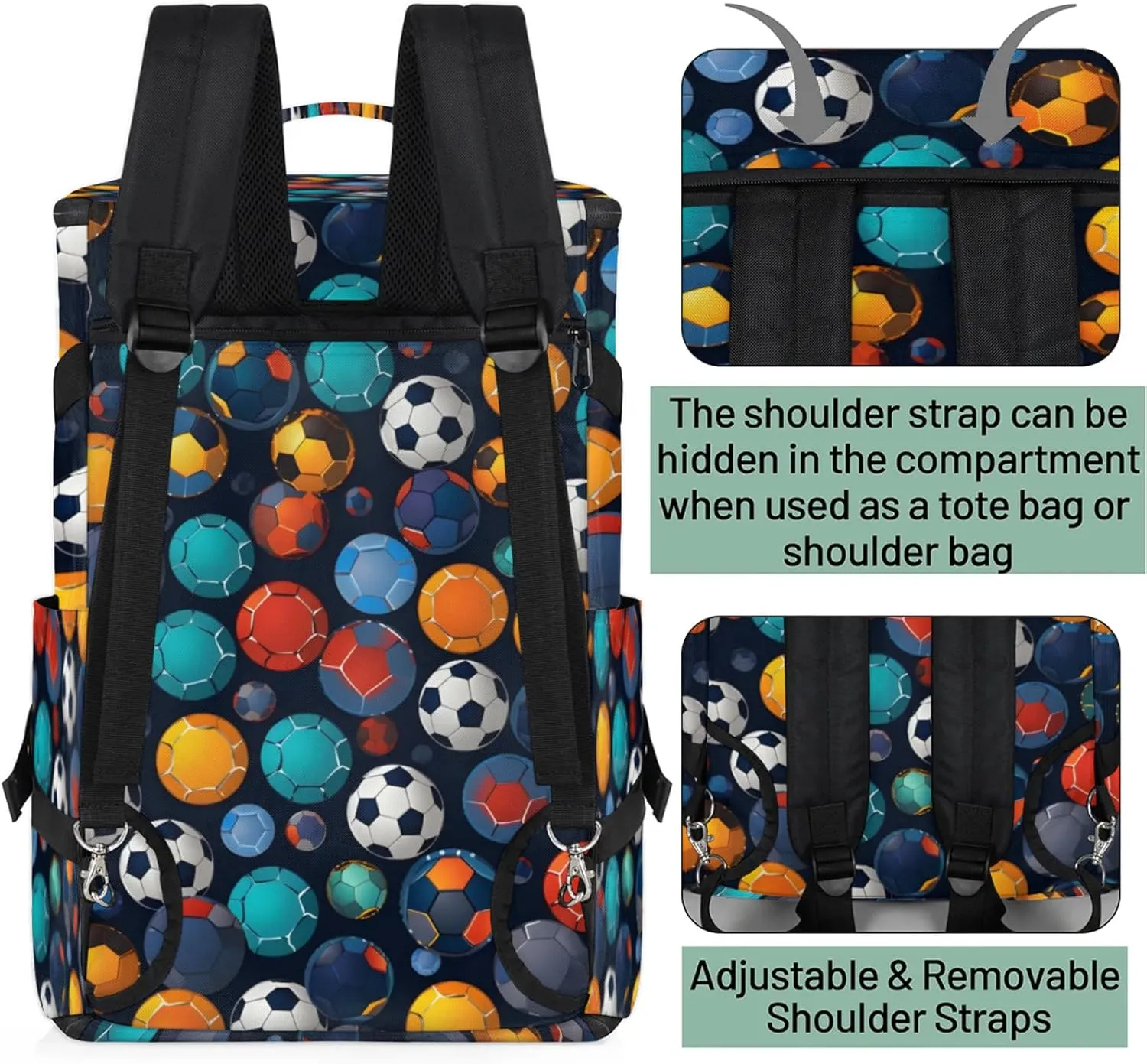 Tactical Sports Duffle Bag for Travel Waterproof Gym Bag with Shoe Compartment 48L Carry On Luggage for Men & Women 3-in-1 Durable Travel Luggage Colorful Soccer Ball