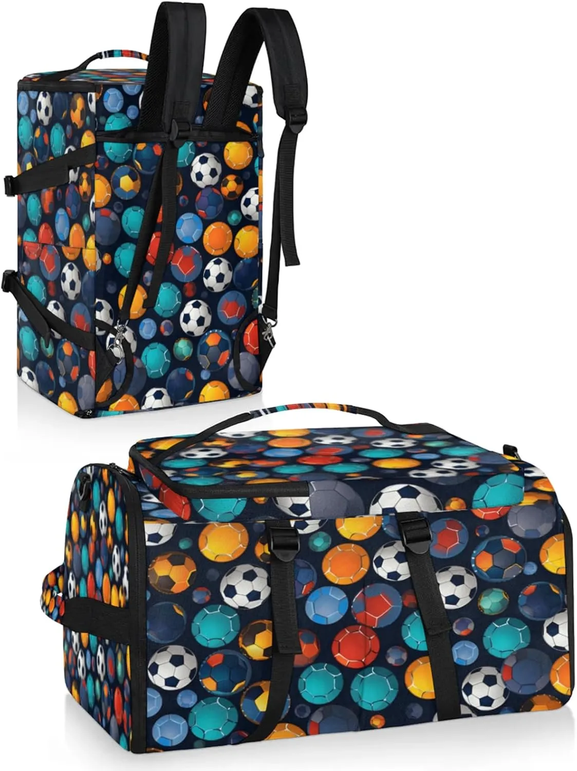 Tactical Sports Duffle Bag for Travel Waterproof Gym Bag with Shoe Compartment 48L Carry On Luggage for Men & Women 3-in-1 Durable Travel Luggage Colorful Soccer Ball