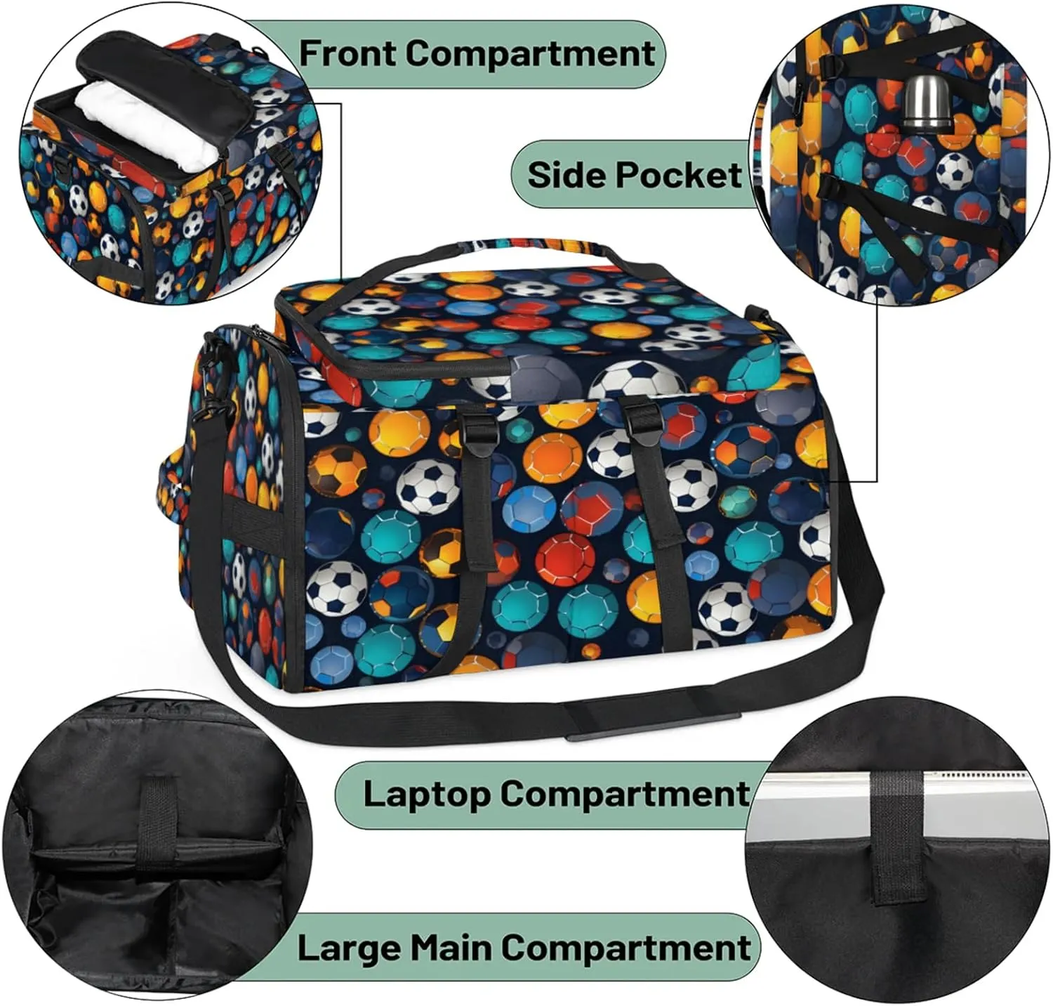Tactical Sports Duffle Bag for Travel Waterproof Gym Bag with Shoe Compartment 48L Carry On Luggage for Men & Women 3-in-1 Durable Travel Luggage Colorful Soccer Ball