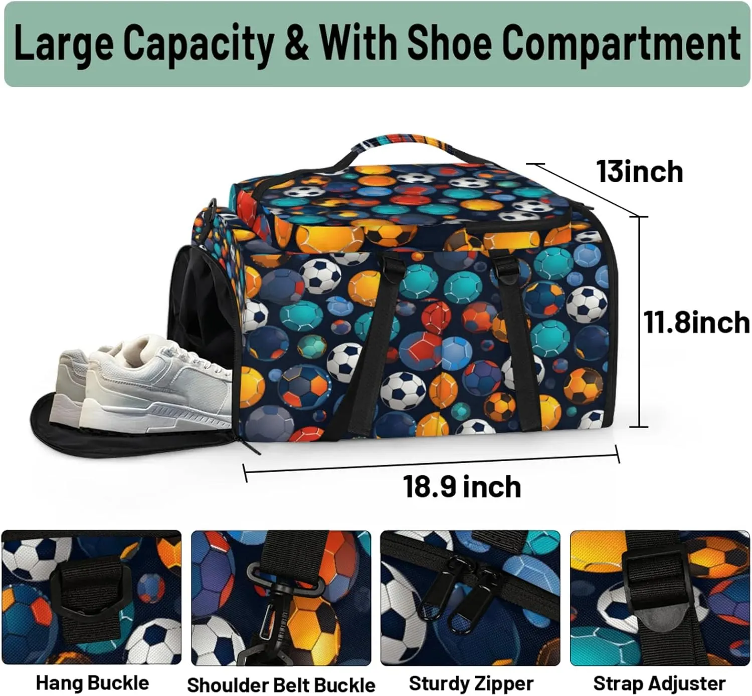 Tactical Sports Duffle Bag for Travel Waterproof Gym Bag with Shoe Compartment 48L Carry On Luggage for Men & Women 3-in-1 Durable Travel Luggage Colorful Soccer Ball