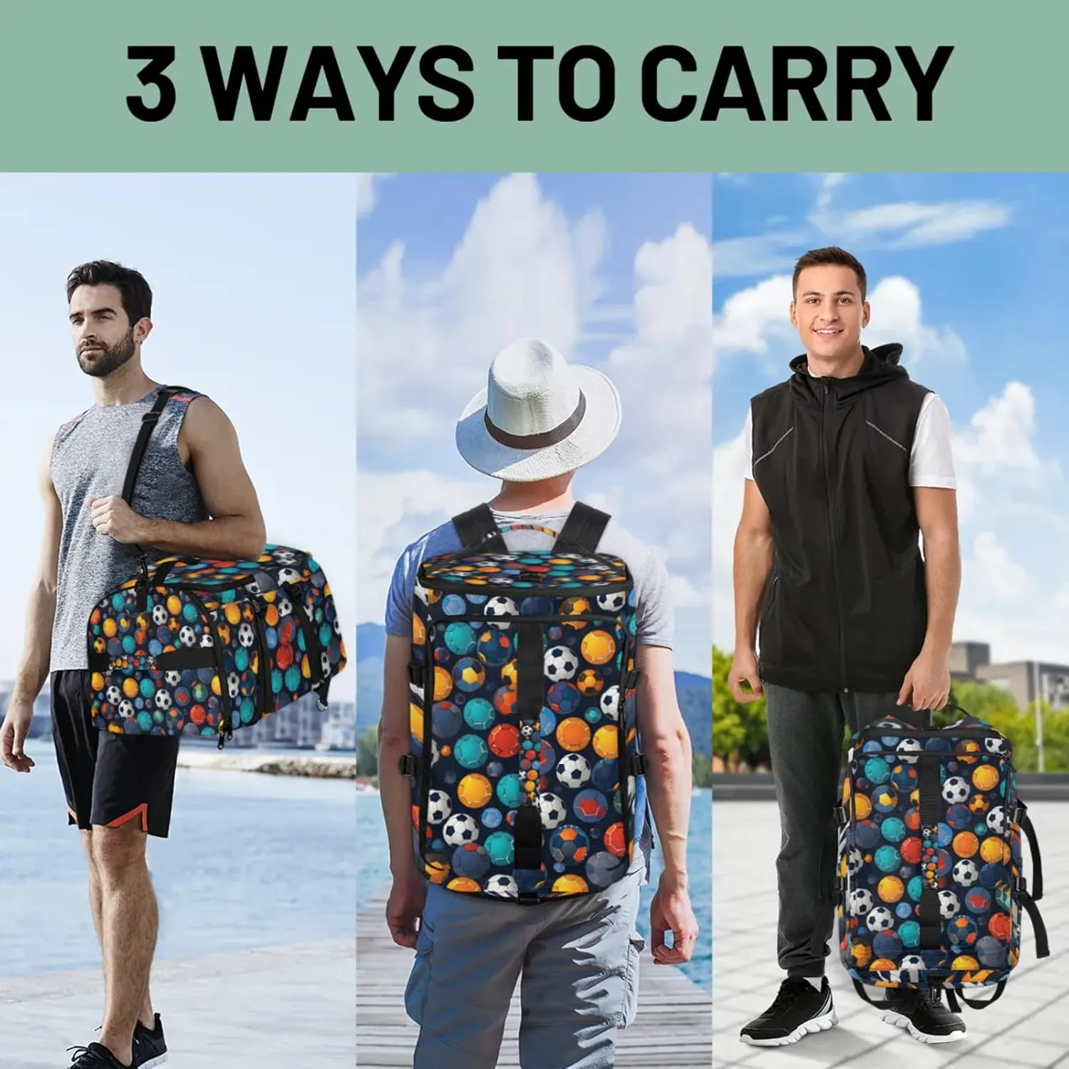 Tactical Sports Duffle Bag for Travel Waterproof Gym Bag with Shoe Compartment 48L Carry On Luggage for Men & Women 3-in-1 Durable Travel Luggage Colorful Soccer Ball