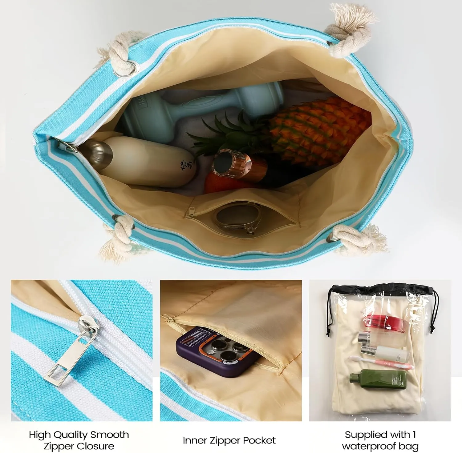 Tavaleu Beach Bags for Women - Large Beach Bag with Zipper Waterproof Sandproof, Swim Pool Tote Bag Vacation