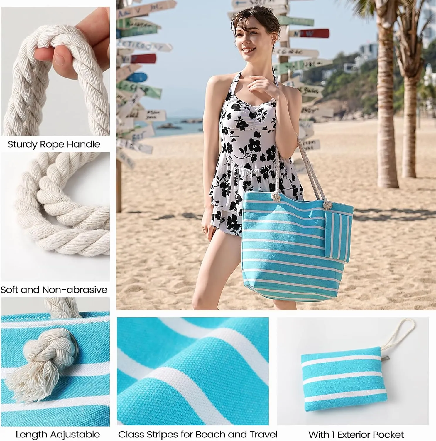 Tavaleu Beach Bags for Women - Large Beach Bag with Zipper Waterproof Sandproof, Swim Pool Tote Bag Vacation