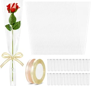 tchrules 100PCS Single Flower Bags for Bouquets, Clear Single Rose Sleeves with Flower Water Tubes and Ribbons, Plastic Floral Wrapping Bags for Valentine's Day Mother's Day Graduation Wedding