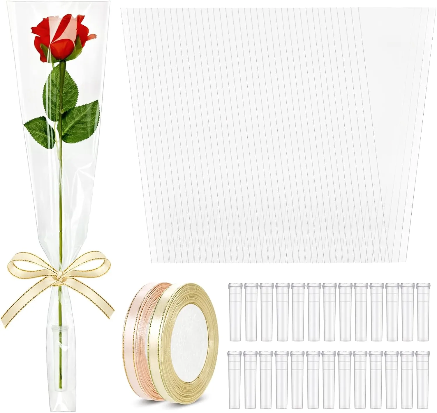 tchrules 100PCS Single Flower Bags for Bouquets, Clear Single Rose Sleeves with Flower Water Tubes and Ribbons, Plastic Floral Wrapping Bags for Valentine's Day Mother's Day Graduation Wedding
