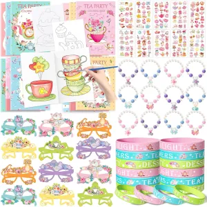 Tea Party Favors Birthday Supplies for Kids, Coloring Books Silicone Bracelets Decor Glasses Tattoo Stickers Pearl Bracelets Goodie Bag Filler for Girls & Boys Tea Party Decorations
