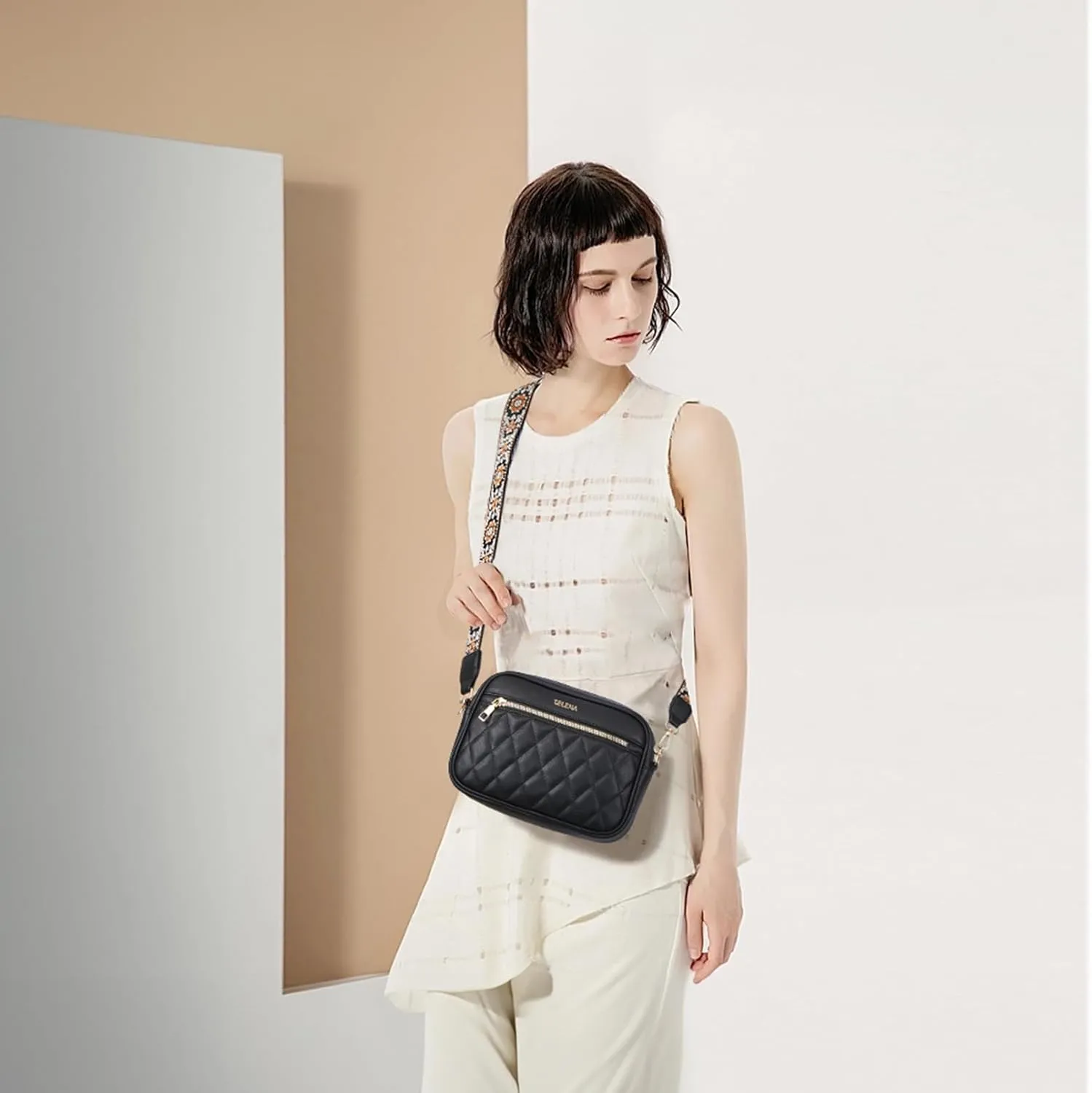 Telena Crossbody bags for Women Trendy Quilted Crossbody Bag Faux Leather Purse with Wide Strap