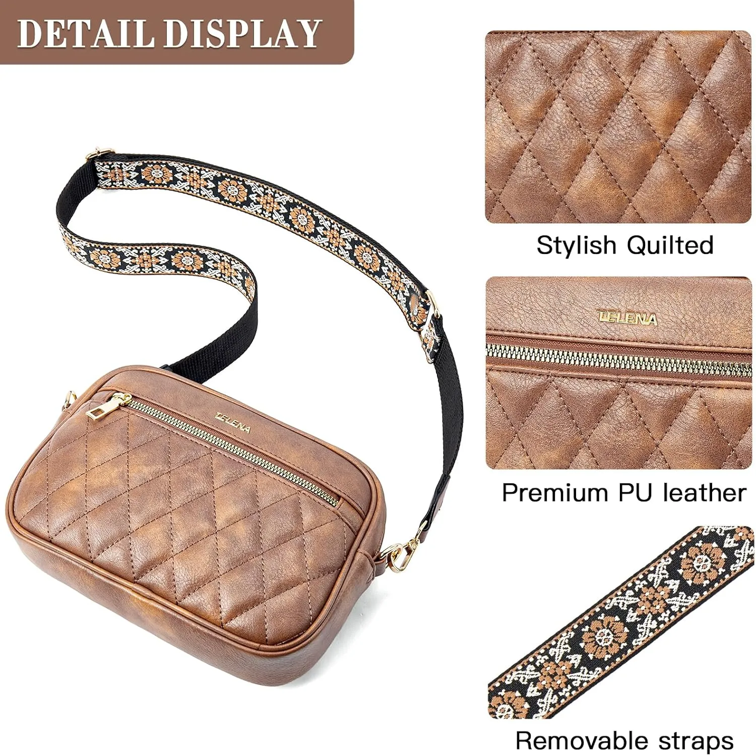 Telena Crossbody bags for Women Trendy Quilted Crossbody Bag Faux Leather Purse with Wide Strap