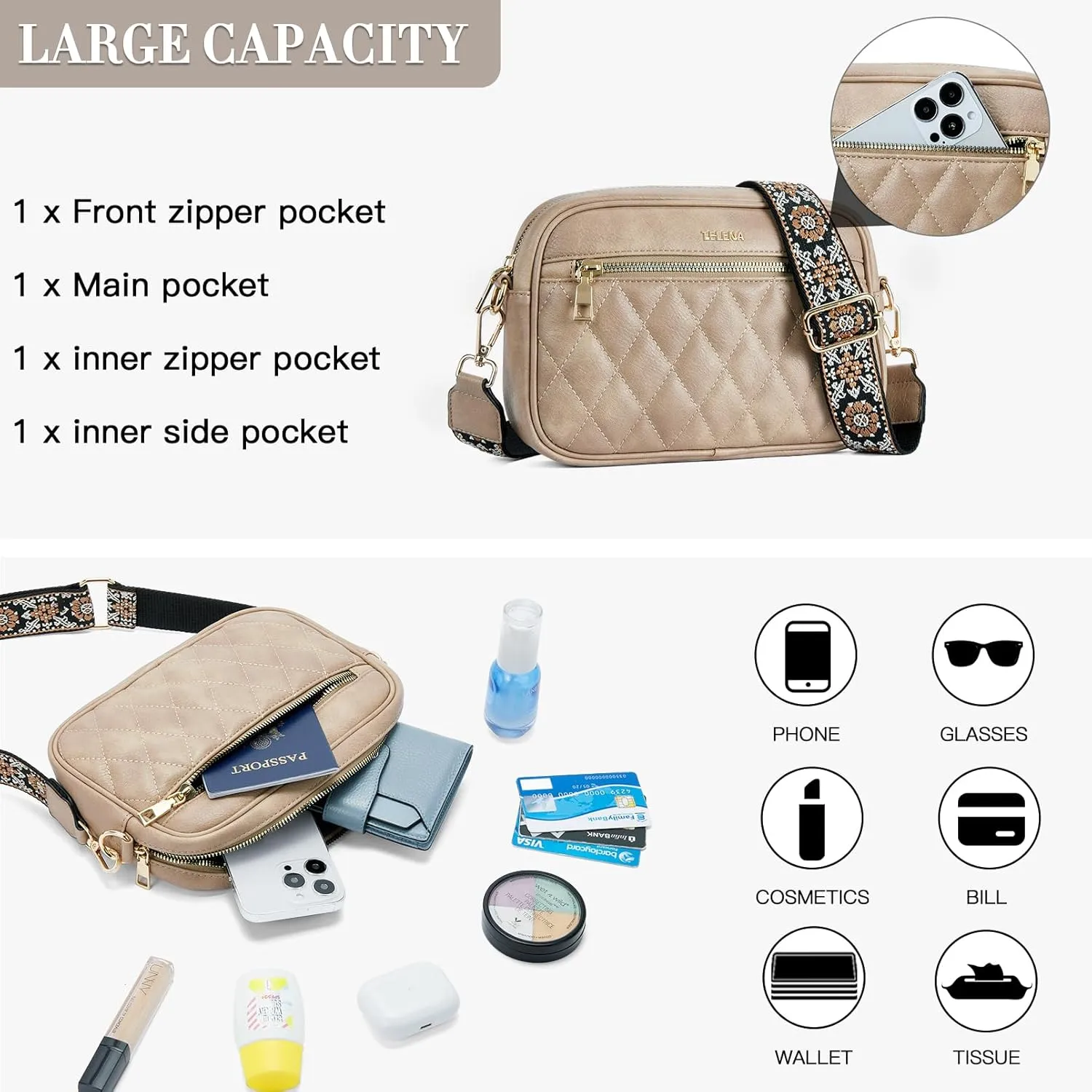 Telena Crossbody bags for Women Trendy Quilted Crossbody Bag Faux Leather Purse with Wide Strap