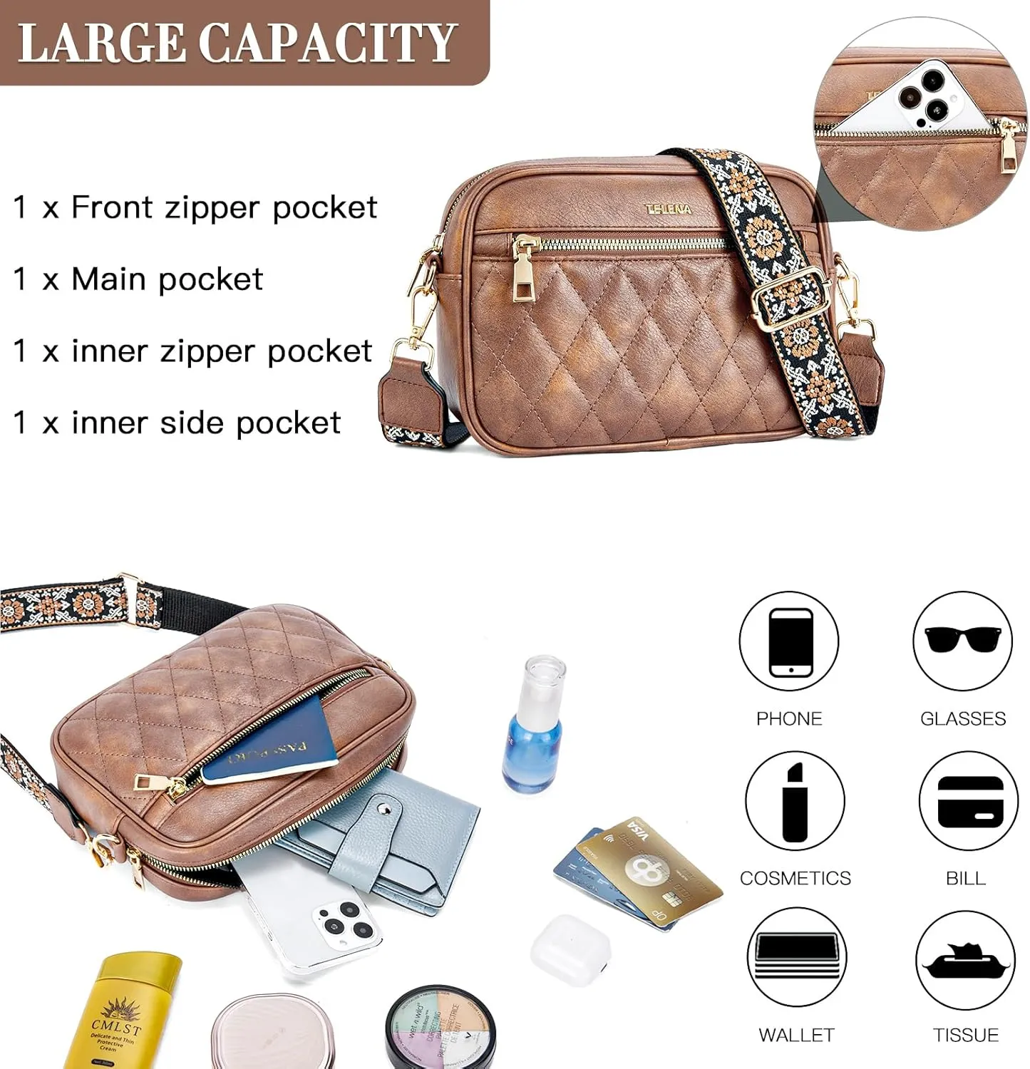 Telena Crossbody bags for Women Trendy Quilted Crossbody Bag Faux Leather Purse with Wide Strap