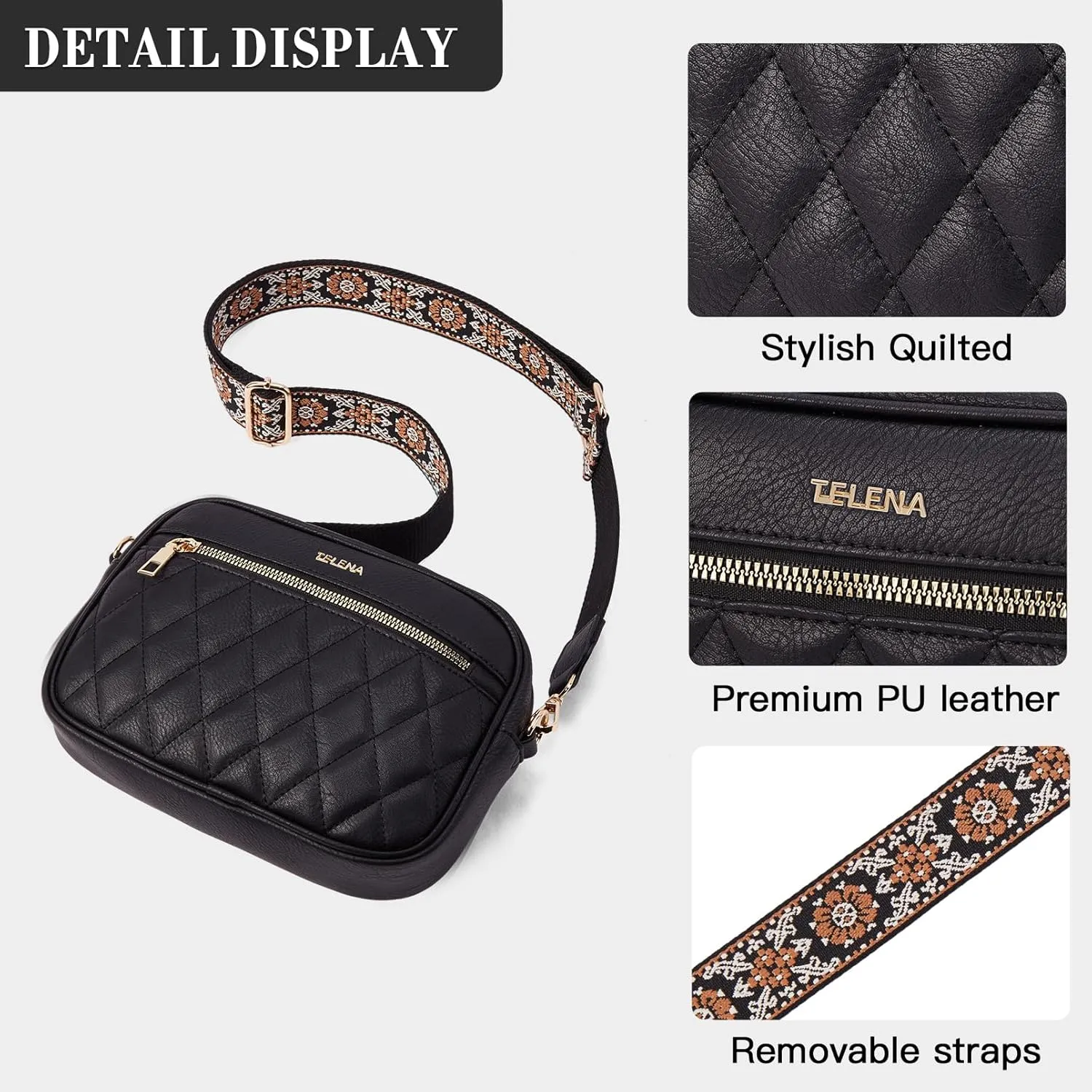 Telena Crossbody bags for Women Trendy Quilted Crossbody Bag Faux Leather Purse with Wide Strap