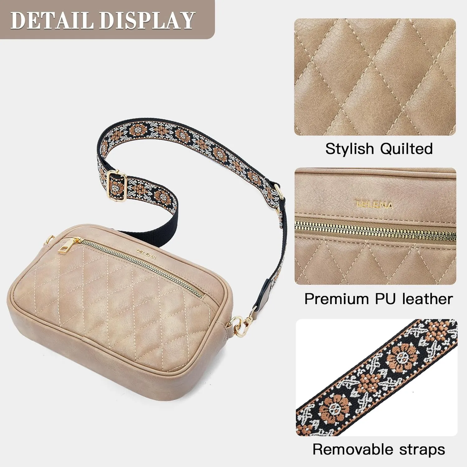 Telena Crossbody bags for Women Trendy Quilted Crossbody Bag Faux Leather Purse with Wide Strap