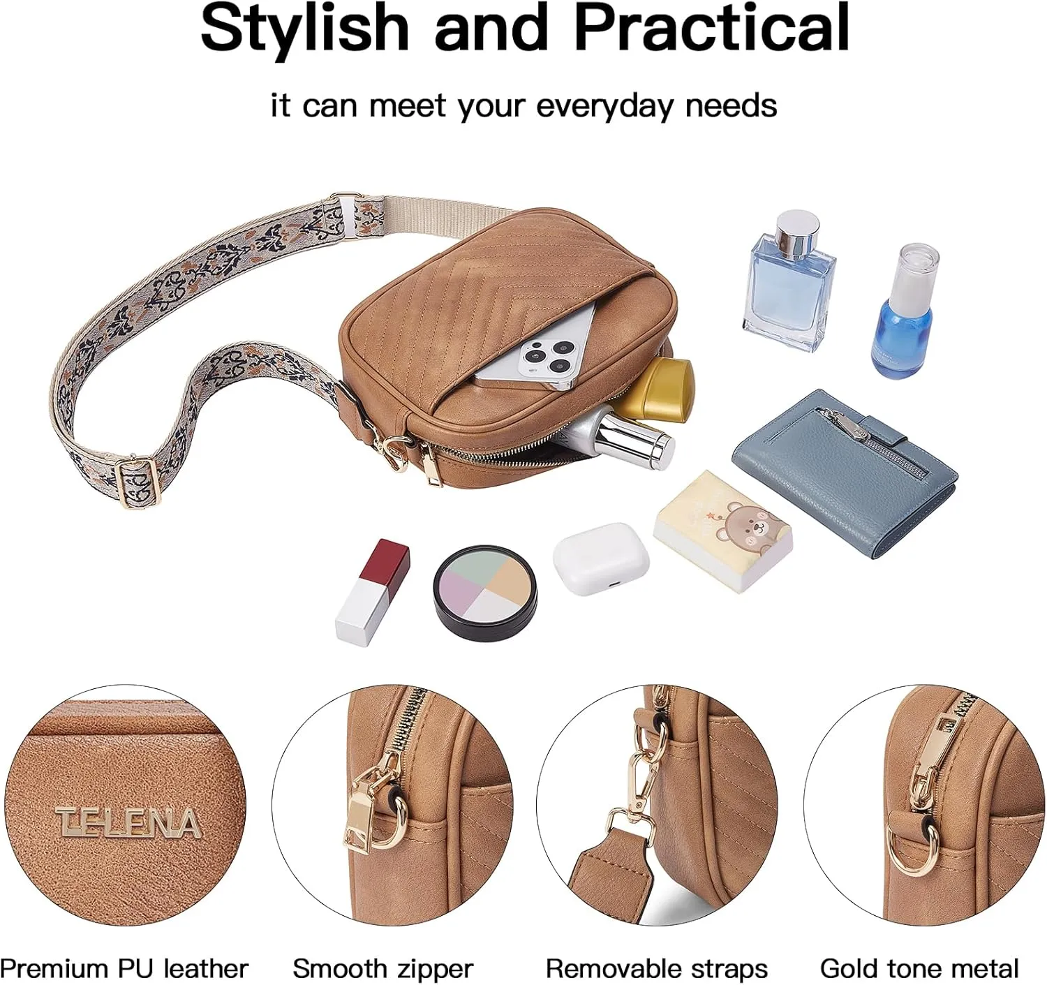 Telena Crossbody Purse for Women Small Crossbody Bags Trendy Vegan Leather with Adjustable Shoulder Strap
