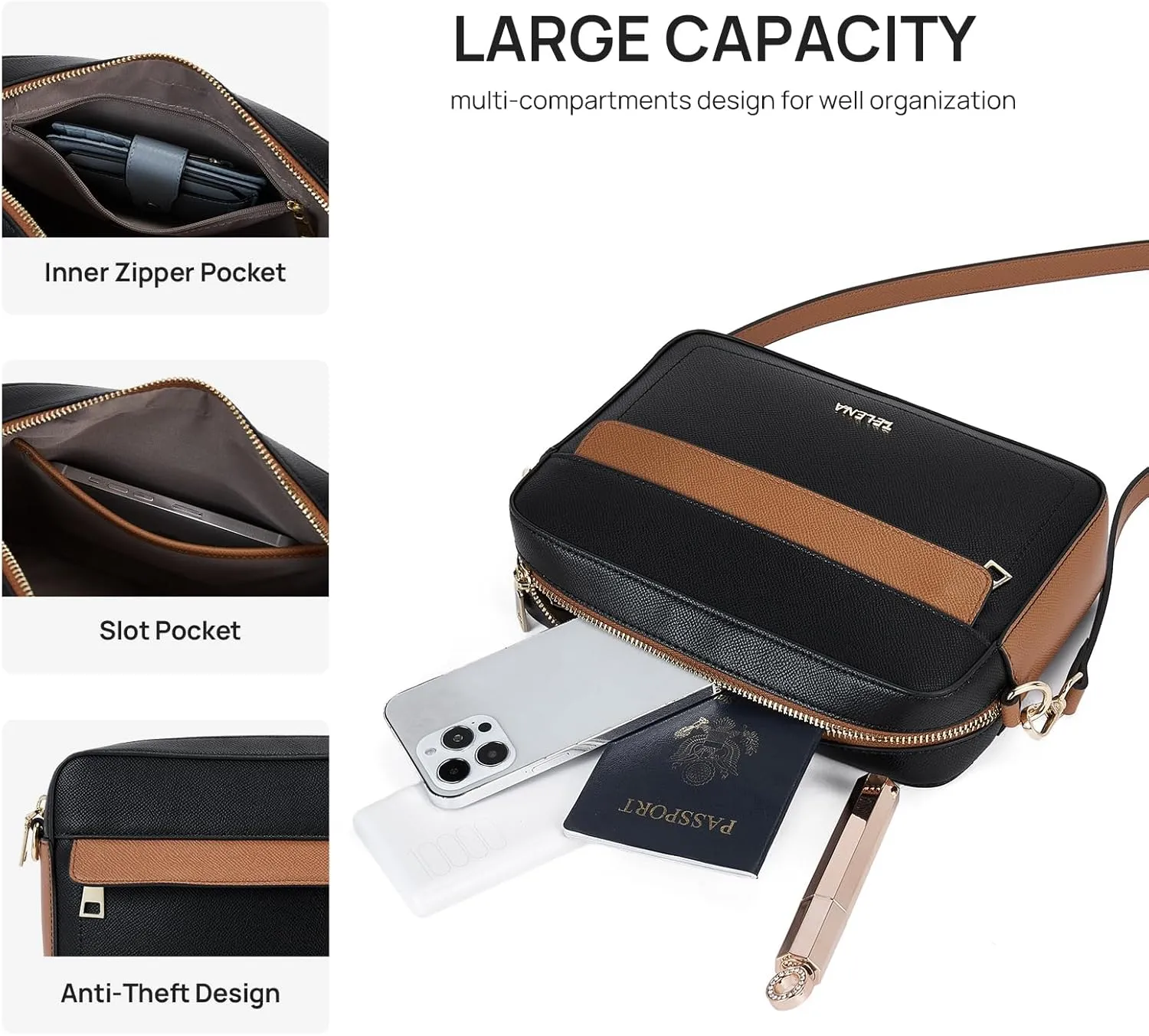 Telena Small Crossbody Bags for Women Leather Crossbody Camera Bag Shoulder Handbag with Adjustable Wide Strap